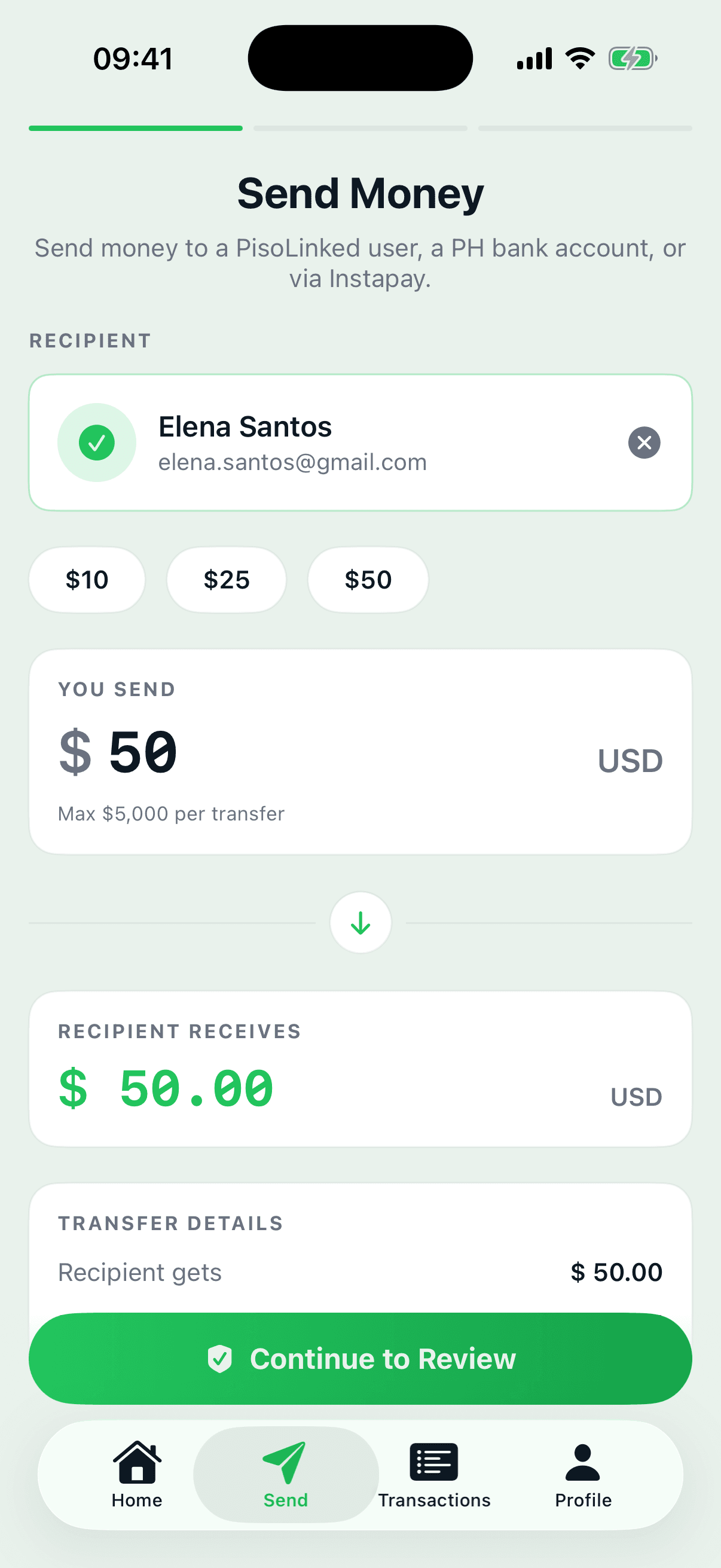 Entering the amount to send, with the recipient and the live quote