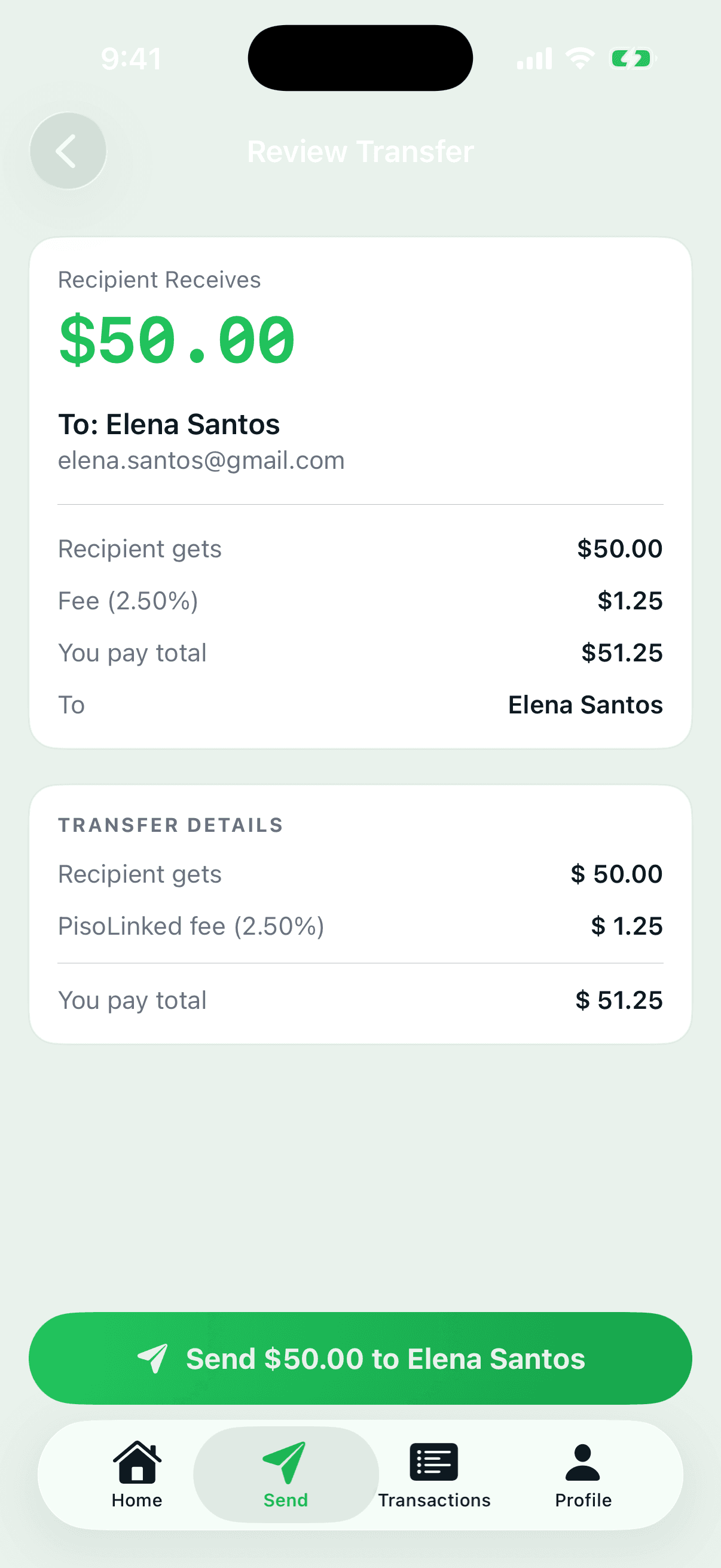 Review screen showing the exchange rate, the fee and the total before confirming